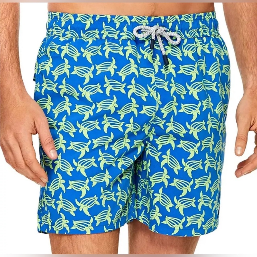 Tom & Teddy Men XL Blue Green Turtle Elastic Waist Swim Trunk w/Liner Beach $100